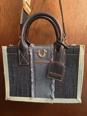 True Religion Dark Blue Denim Tote with Navy Leather Trim